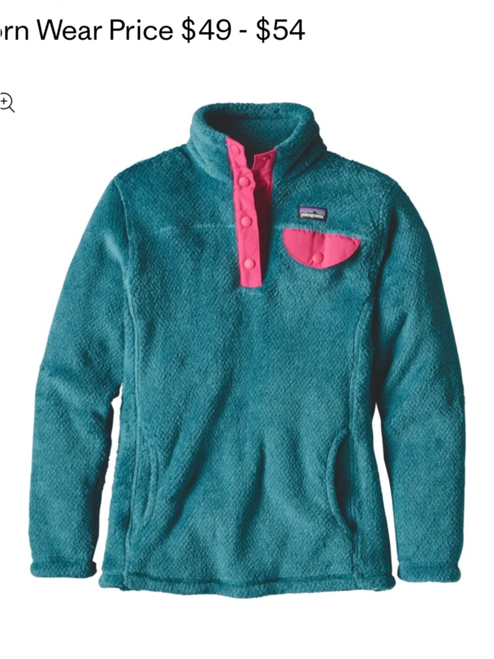 Patagonia Teal Pullover Fleece with Pink Snap Placket Re-Tool Snap-T